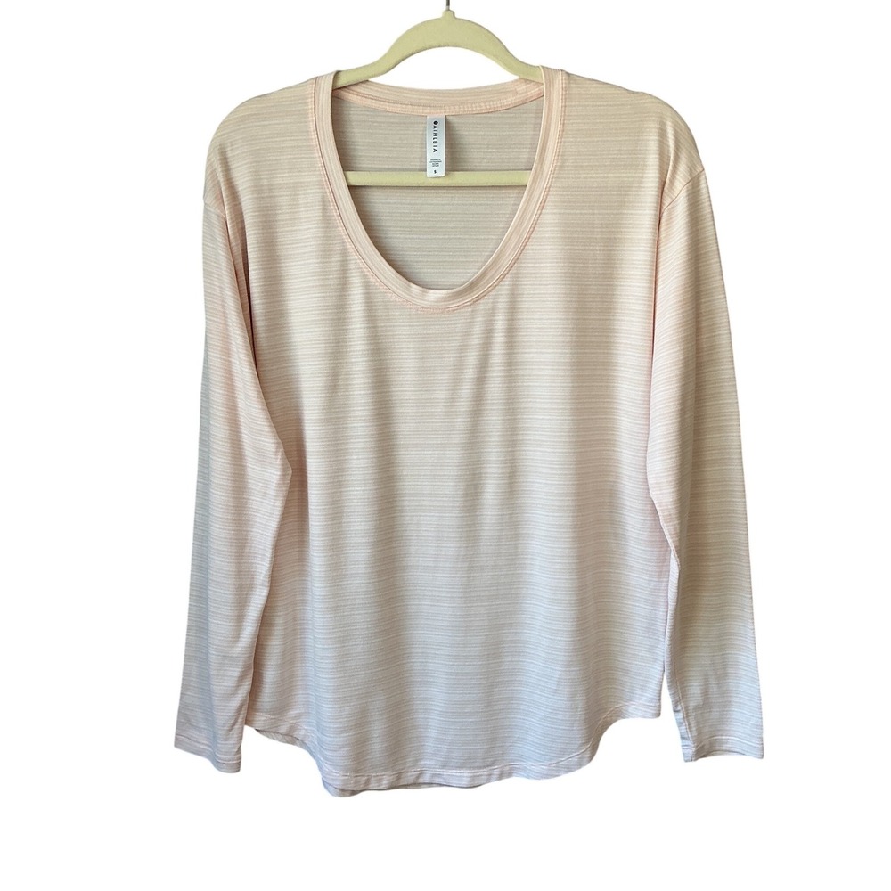 Athleta Breezy Scoop Neck Long Sleeve Top Pink White Stripe Small 657835-01